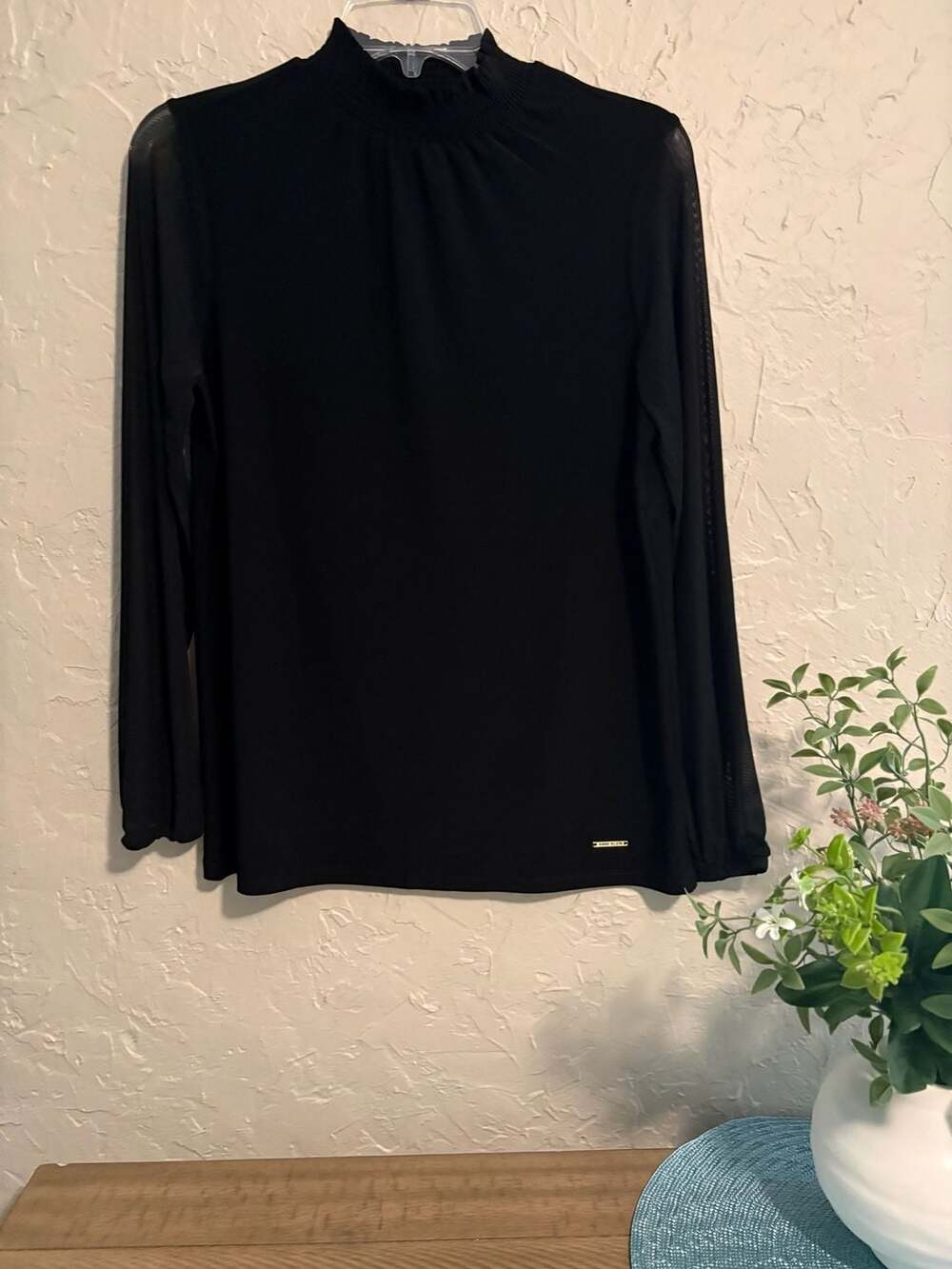 Anne Klein Black Smocked Mock (B1-13) Neck Top with Mesh Sleeves Size Small